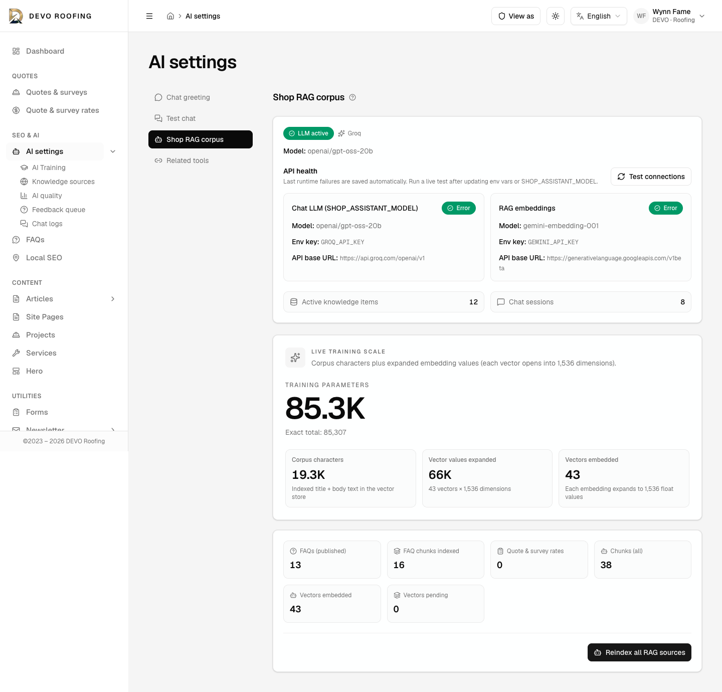 AI settings — Shop RAG corpus
