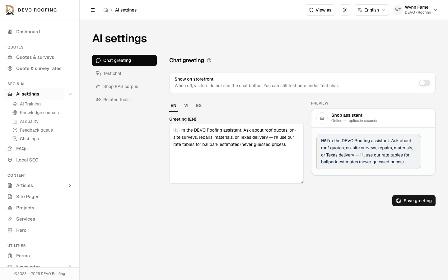AI settings — Chat greeting